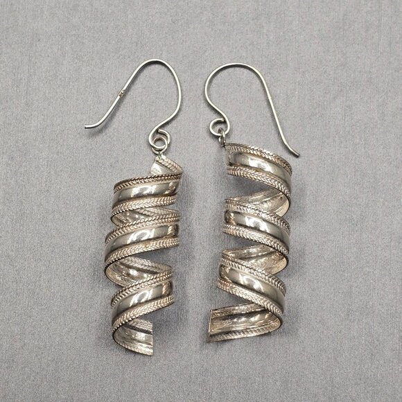 Unbranded Jewelry - VTG Sterling Silver 925 Spiral Dangle Earrings 1.75" Etched 3.73g